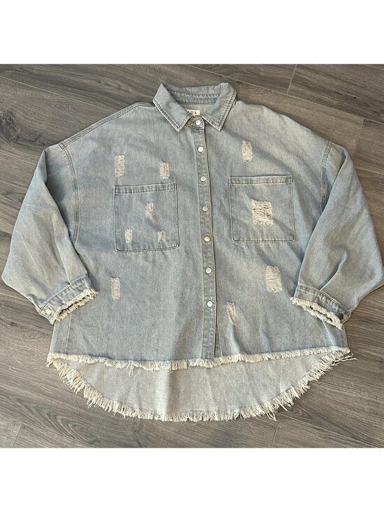 POL Tops - POL Shirt Womens L Sweet Talker Shacket Grunge Distressed Denim Fringe Hem Boho